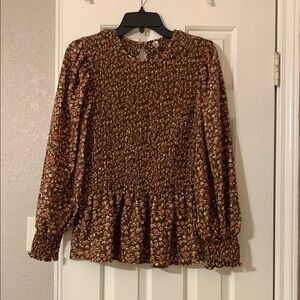 Brown Peplum Blouse with Ruffled Long Sleeves